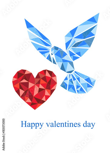 Осbirthday greeting card valentine's day dove heart low polygons white background symbol love tenderness faithfulness joy tenderness новные RGB