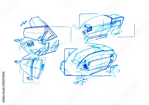Sketch electric city car inspirated by cubism. It is colou ilustration sutable for young people. Its very simply clever small and smart car.