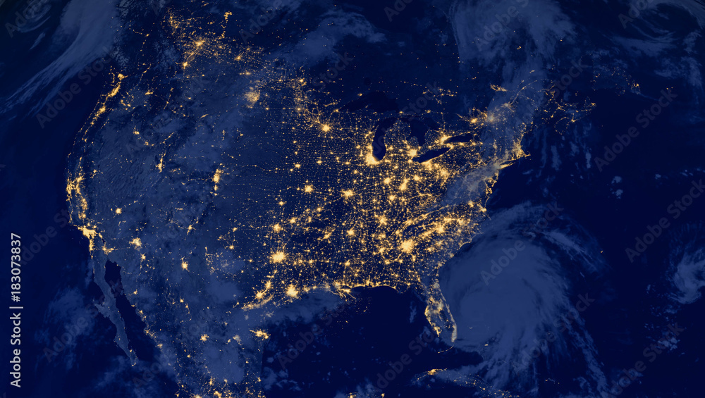 United States of America lights during night as it looks like from space. Elements of this image are furnished by NASA - obrazy, fototapety, plakaty 