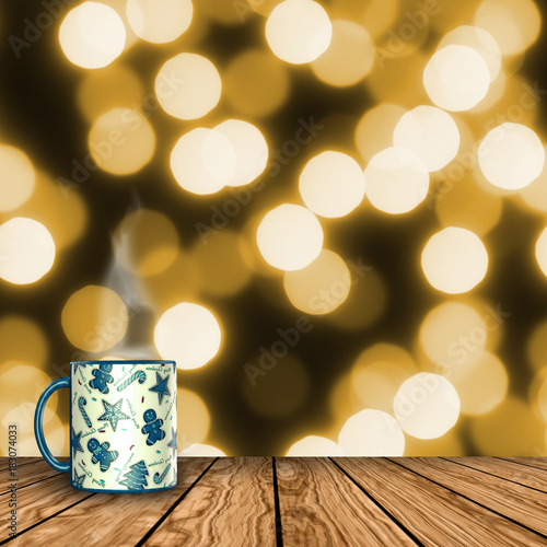 3D render of a mug on a wooden table with defocussed bokeh background