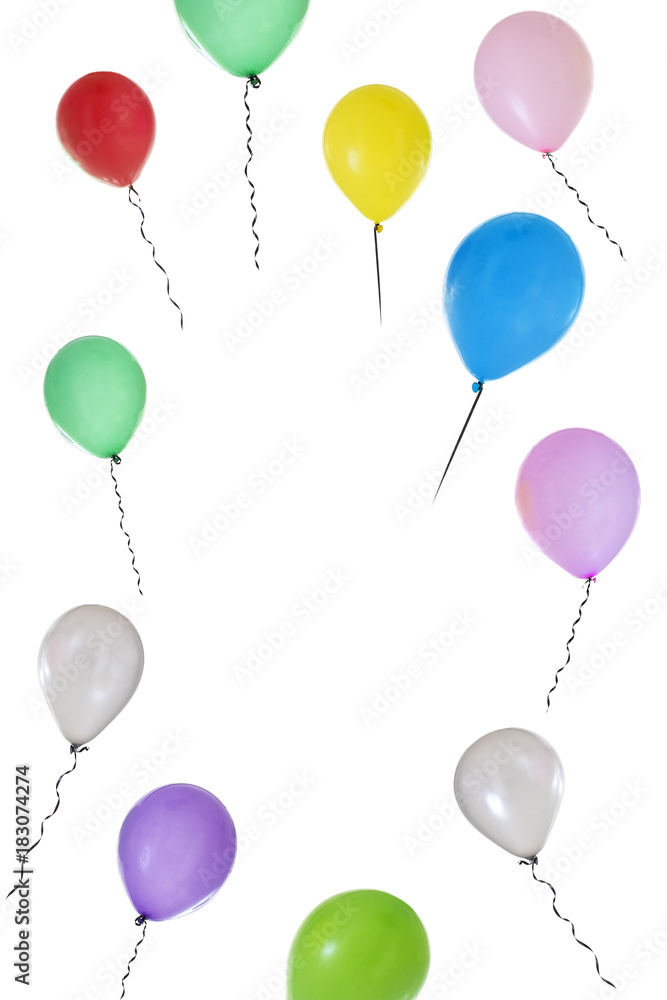 Vertical image of Balloons of different colours flying on white background with copy text in the middle Vertical image of Balloons of different colours flying on white background with copy text in the middle