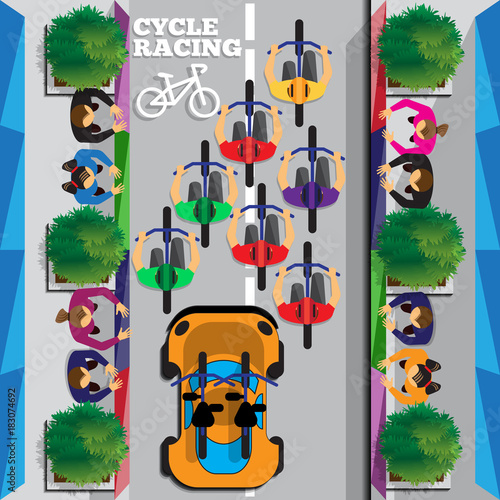 Cyclists group at professional race. Riding through the city. Top view. Vector illustration.