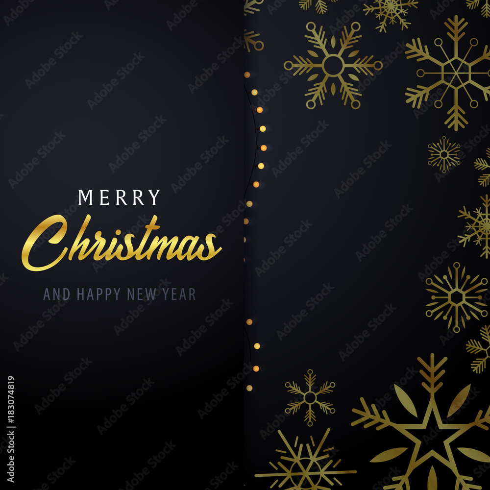 Fototapeta premium Marry Christmas and Happy New Year banner on dark background with snowflakes and gift boxes. Vector illustration.