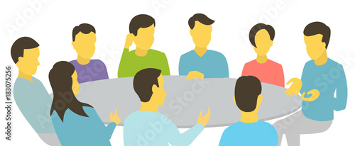 Round table talks. Team business people meeting conference nine people. White background stock illustration vector