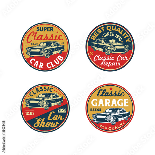Set of Colored Old Retro Style Vintage Classic Car Vector Logo, Badge, Emblem, Icon, Sticker. Car Wash, Workshop Repair, Service, Community, Club, Car Show, Exhibition, Festival Element