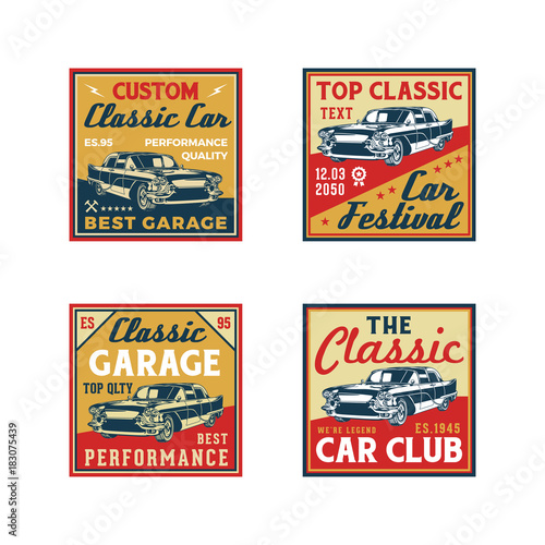 Set of Colored Old Retro Style Vintage Classic Car Vector Logo, Badge, Emblem, Icon, Sticker. Car Wash, Workshop Repair, Service, Community, Club, Car Show, Exhibition, Festival Element