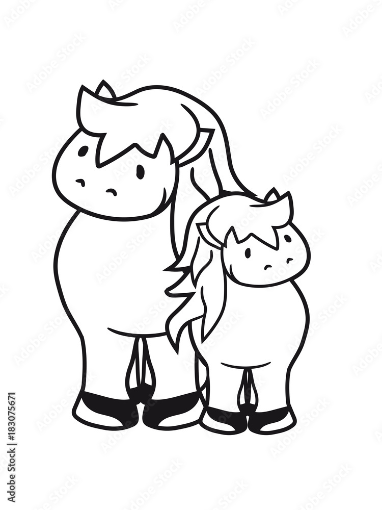 2 mama papa familie vorne kleines süßes niedlich pony fohlen junges baby kind comic clipart cartoon pferd