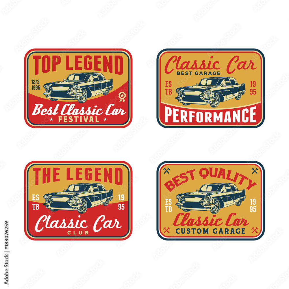 Set of Colored Old Retro Style Vintage Classic Car Vector Logo, Badge, Emblem, Icon, Sticker. Car Wash, Workshop Repair, Service, Community, Club, Car Show, Exhibition, Festival Element