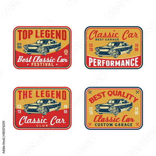 Set of Colored Old Retro Style Vintage Classic Car Vector Logo, Badge, Emblem, Icon, Sticker. Car Wash, Workshop Repair, Service, Community, Club, Car Show, Exhibition, Festival Element