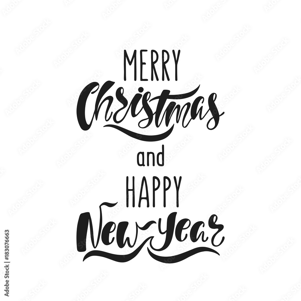 Merry Christmas and Happy New Year. Hand drawn calligraphy text. Holiday typography design. Black and white Christmas card. Merry Christmas and Happy New Year. Hand drawn calligraphy text. Holiday typography design. Black and white Christmas card.