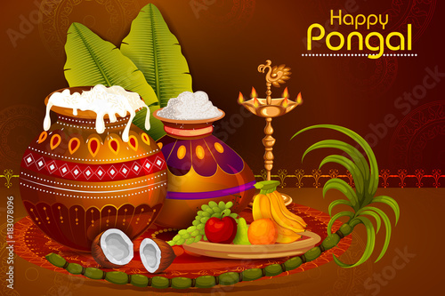 Happy Pongal religious holiday background for harvesting festival of India