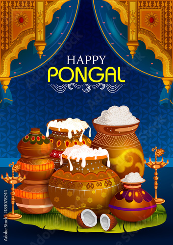Happy Pongal religious holiday background for harvesting festival of India