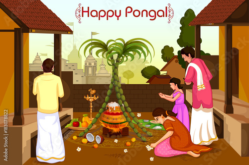 Happy Pongal religious holiday background for harvesting festival of India