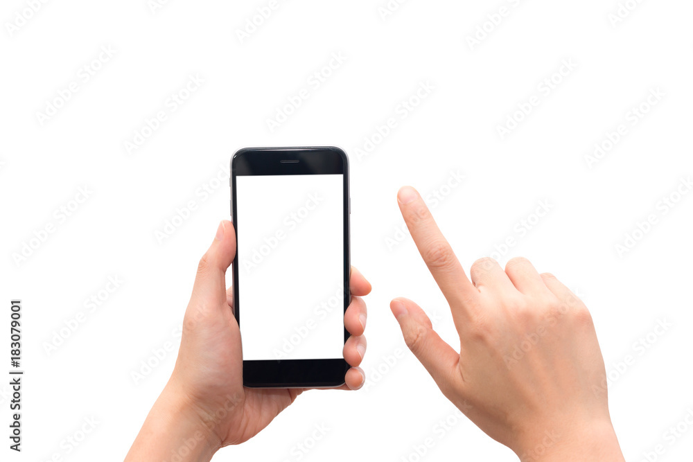 Human hand holding smart phone with blank screen isolated on white background. This picture has clipping path for easy to use.