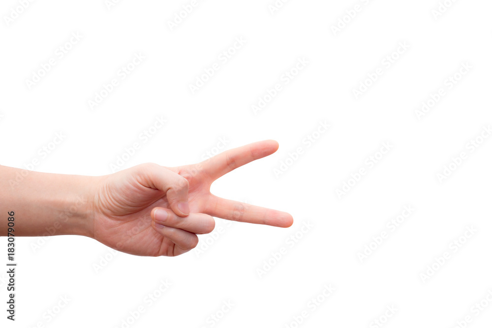 Hand with two fingers up in the peace or victory symbol. Also the sign for the letter V in sign language isolated on white background. This picture has clipping path for easy to use. Hand with two fingers up in the peace or victory symbol. Also the sign for the letter V in sign language isolated on white background. This picture has clipping path for easy to use.