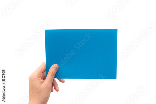 Human hand hold virtual business card, credit card or blank paper isolated on white background. This picture has clipping path for easy to use.