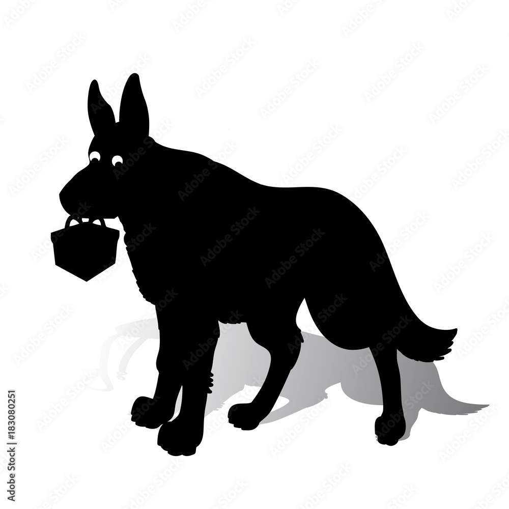Symbol of the year, dog silhouette holding a gift in the teeth, cartoon on a white background,