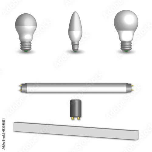 Set of different LED and fluorescent light bulbs in 3D, vector illustration.