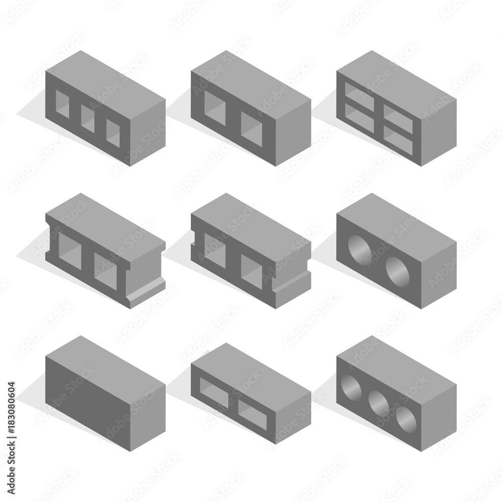 Set of isometric cinder blocks, vector illustration. Set of isometric cinder blocks, vector illustration.
