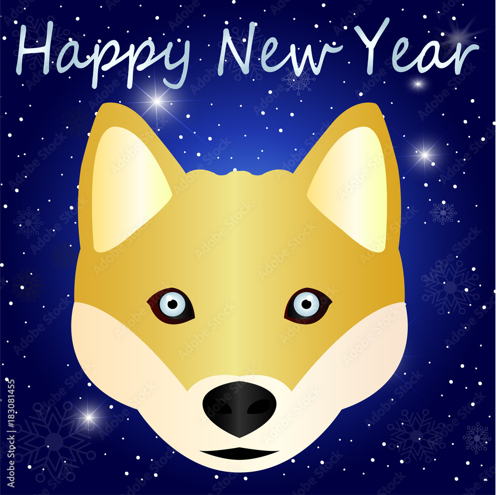 Cartoon sketch - cute husky with blue eyes - a symbol of the new year 2018. A beautiful idea for a greeting card - a dog, close-up on a blue gradient background with a snow pattern