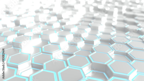 Futuristic silver and blue hexagonal prisms background, 3D rendering