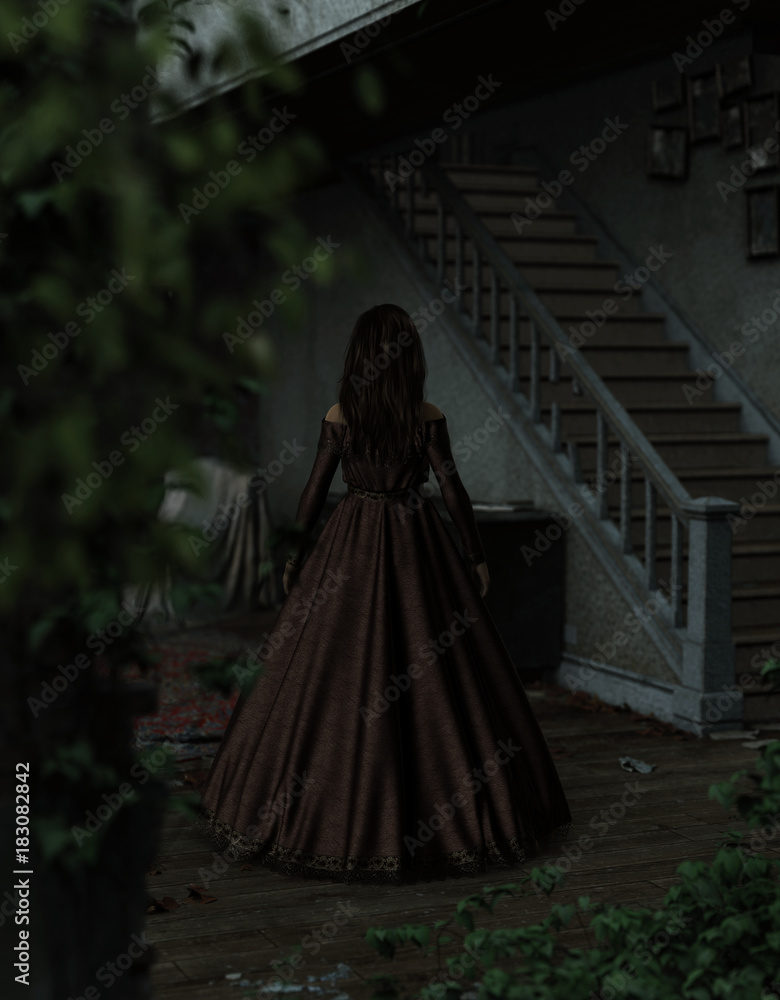 Naklejka premium 3d illustration of Ghost woman in haunted house,Horror background,mixed media 