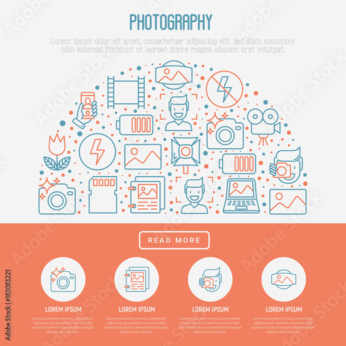 Photography concept in circle with thin line icons of photographer, film, crop, flash, focus, light, panorama. Vector illustration for banner, web page, print media.