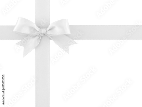 white ribbon with bow isolated on white background, simplicity decoration for add beauty to gift box and greeting card, flat lay close-up top view