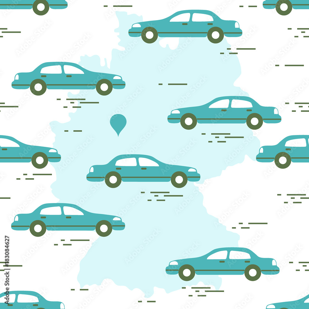 Pattern with cars and map of Germany. Travel and leisure.