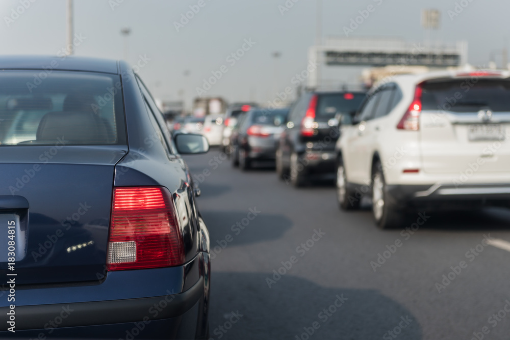 traffic jam with row of cars on toll way