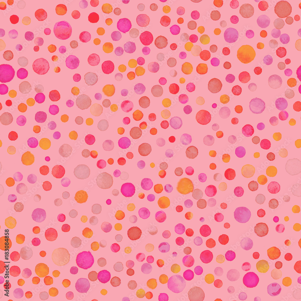 Watercolor confetti seamless pattern. Hand painted stylish circles. Watercolor confetti circles. Pink scattered circles pattern. 108.