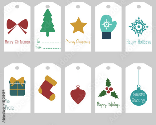 Collection of Christmas gift tags with various items and greetings
