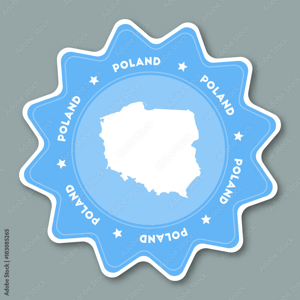 Fototapeta premium Poland map sticker in trendy colors. Star shaped travel sticker with country name and map. Can be used as logo, badge, label, tag, sign, stamp or emblem. Travel badge vector illustration.