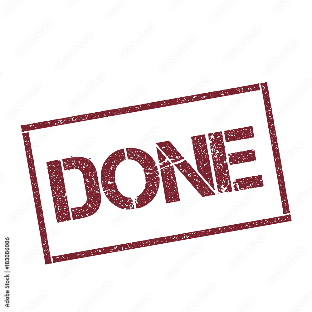 Done rectangular stamp. Textured red seal with text isolated on white