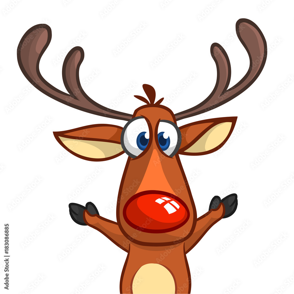 Happy cartoon Christmas Rudolph Reindeer pointing hand. Vector illustration  of Christmas character Stock Vector | Adobe Stock