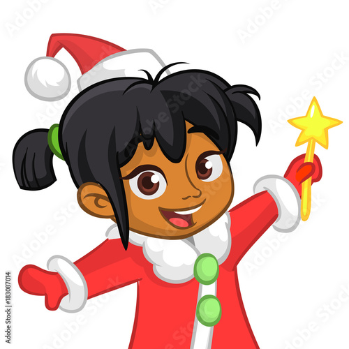 Cute cartoon Christmas afro-american or arab angel character flying and holding star. Vector illustration of happy winter fairy outlined