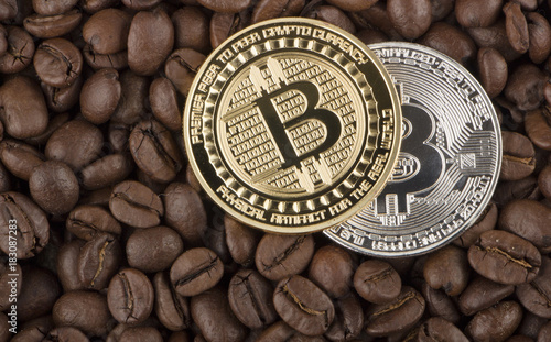 Gold Bitcoin surround by coffee bean