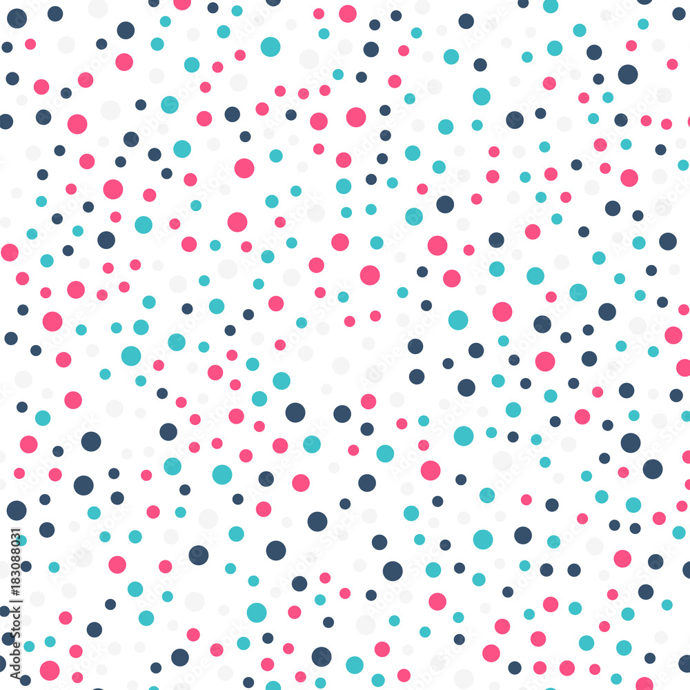 Colorful polka dots seamless pattern on white 19 background. Great classic colorful polka dots textile pattern. Seamless scattered confetti fall chaotic decor. Abstract vector illustration.