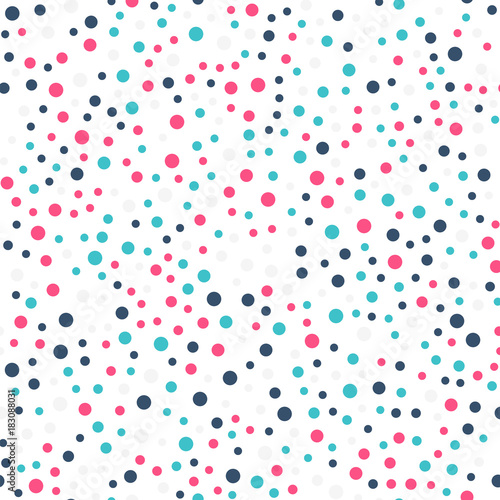 Colorful polka dots seamless pattern on white 19 background. Great classic colorful polka dots textile pattern. Seamless scattered confetti fall chaotic decor. Abstract vector illustration.