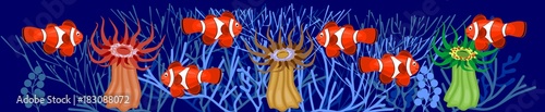Fotografia, Obraz Clownfish and Red Beadlet anemone on blue marine background with stylized branch