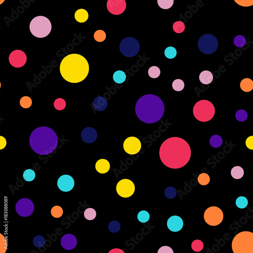 Memphis style polka dots seamless pattern on black background. Delightful modern memphis polka dots creative pattern. Bright scattered confetti fall chaotic decor. Vector illustration.