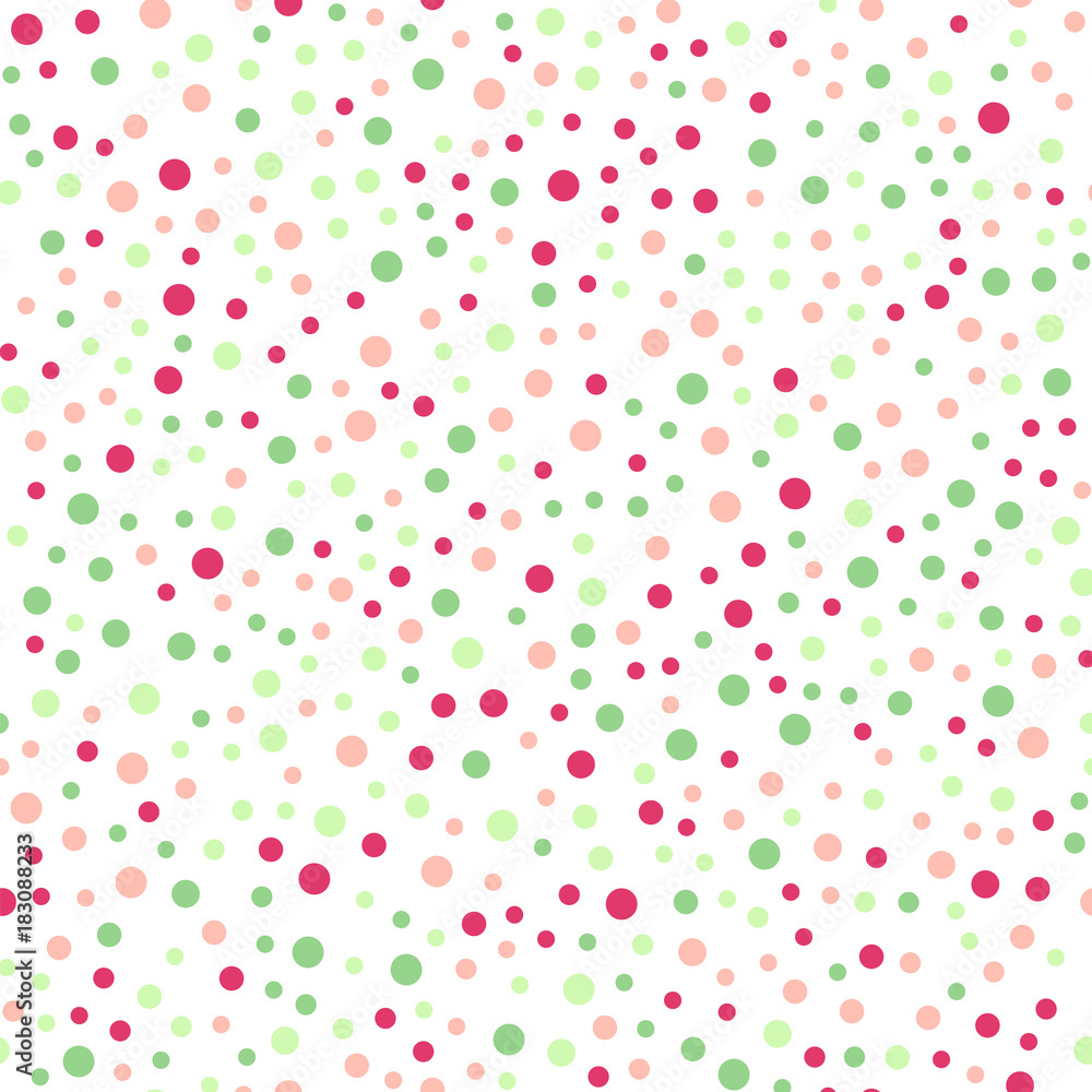 Colorful polka dots seamless pattern on white 20 background. Fair classic colorful polka dots textile pattern. Seamless scattered confetti fall chaotic decor. Abstract vector illustration.