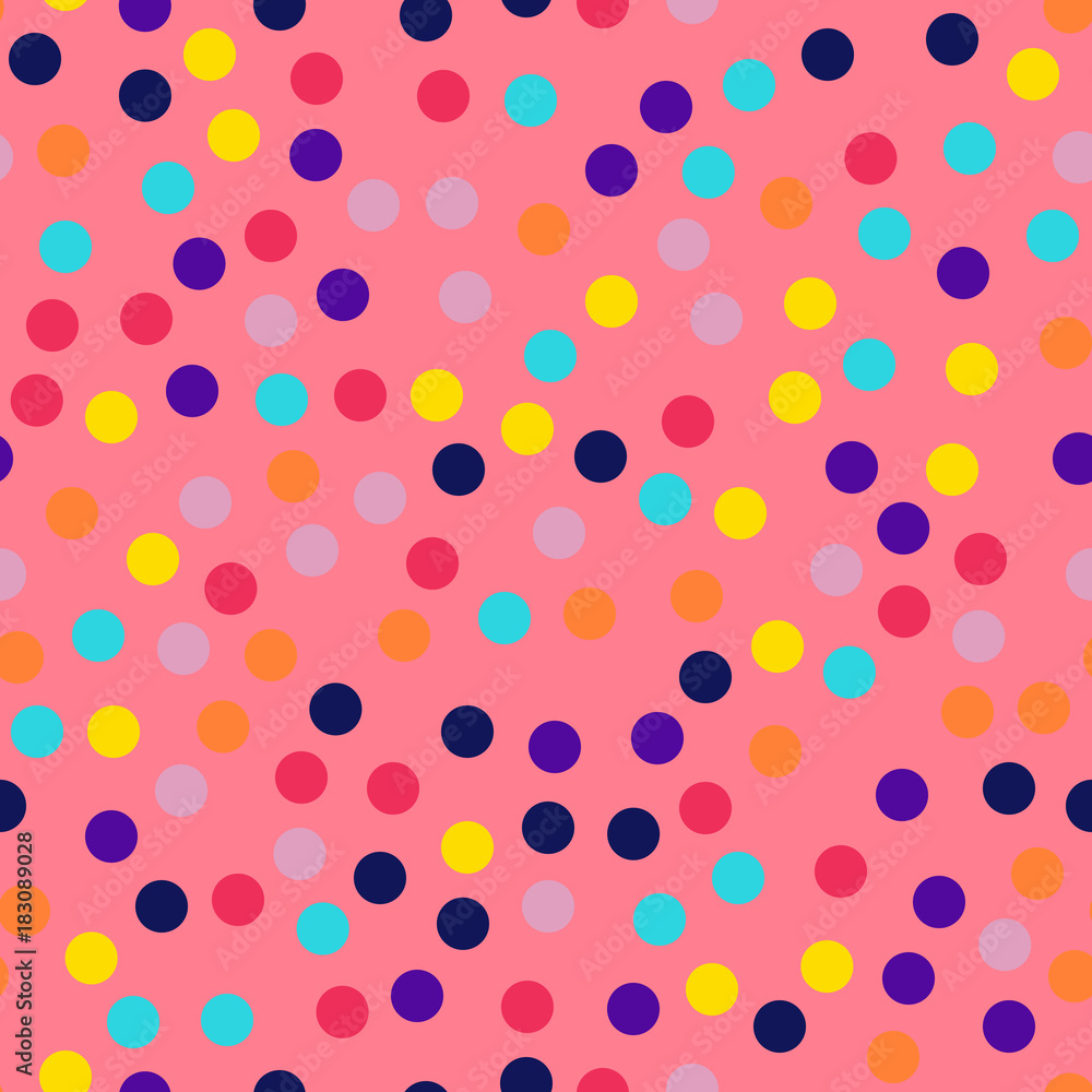 Memphis style polka dots seamless pattern on coral background. Splendid modern memphis polka dots creative pattern. Bright scattered confetti fall chaotic decor. Vector illustration. Memphis style polka dots seamless pattern on coral background. Splendid modern memphis polka dots creative pattern. Bright scattered confetti fall chaotic decor. Vector illustration.