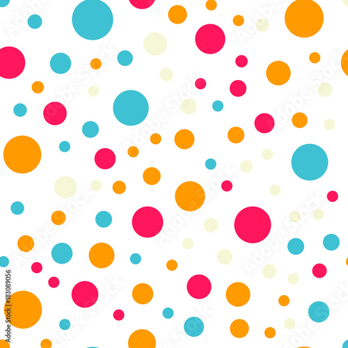 Colorful polka dots seamless pattern on white 18 background. Outstanding classic colorful polka dots textile pattern. Seamless scattered confetti fall chaotic decor. Abstract vector illustration.