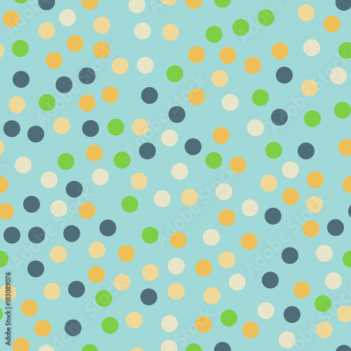 Colorful polka dots seamless pattern on bright 13 background. Charming classic colorful polka dots textile pattern. Seamless scattered confetti fall chaotic decor. Abstract vector illustration.