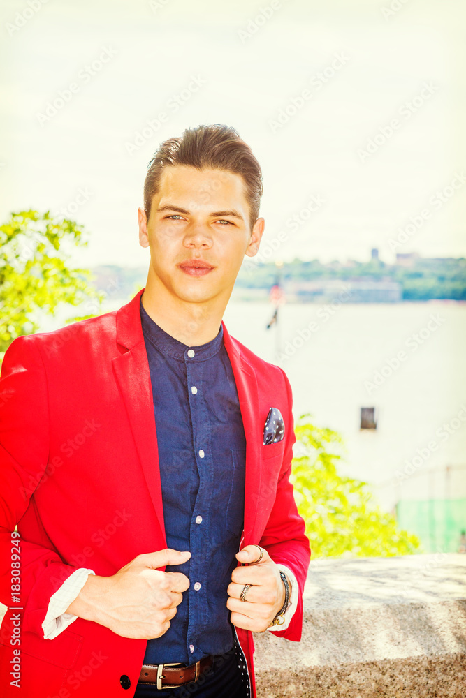 Businessman traveling in New York. Dressing in red blazer blue collarless under shirt pocket square a young college student standing by Hudson River confidently looking forward. Stock Photo Adobe Stoc...