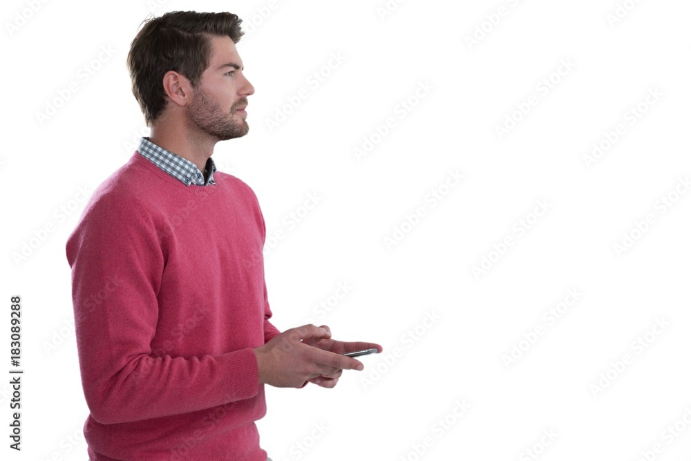 Thoughtful man holding mobile phone Thoughtful man holding mobile phone