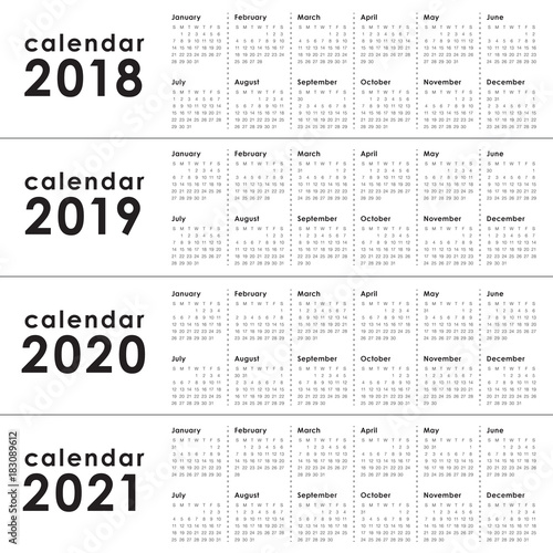 Year 2018 2019 2020 2021 calendar vector