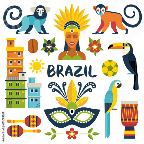 Brazil icons collection. Vector illustration with Brazilian culture and nature icons, including toucan, monkey, woman in carnival costume and shanty towns in trendy flat style. Isolated on white.