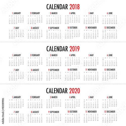 Year 2018 2019 2020 calendar vector
